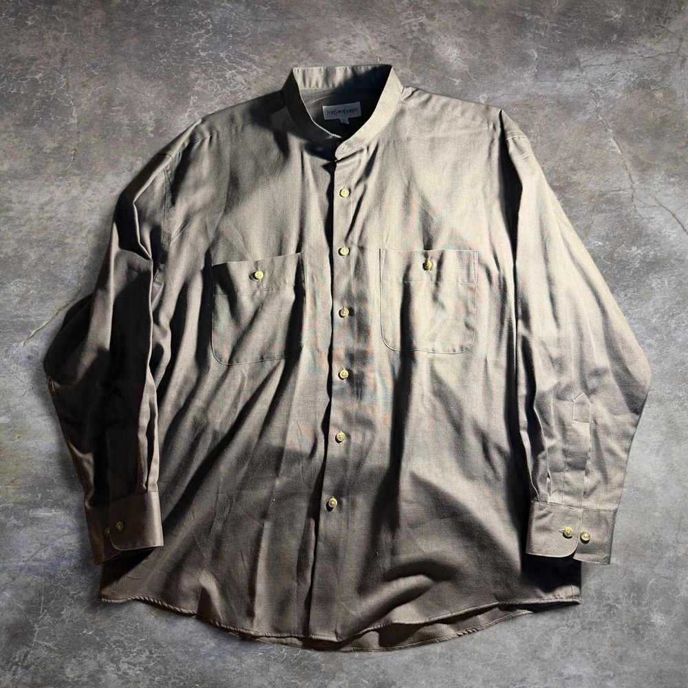 Yves Saint Laurent Mens Gray Banded Collar Button Up Shirt L 16.5 32-33 Luxury